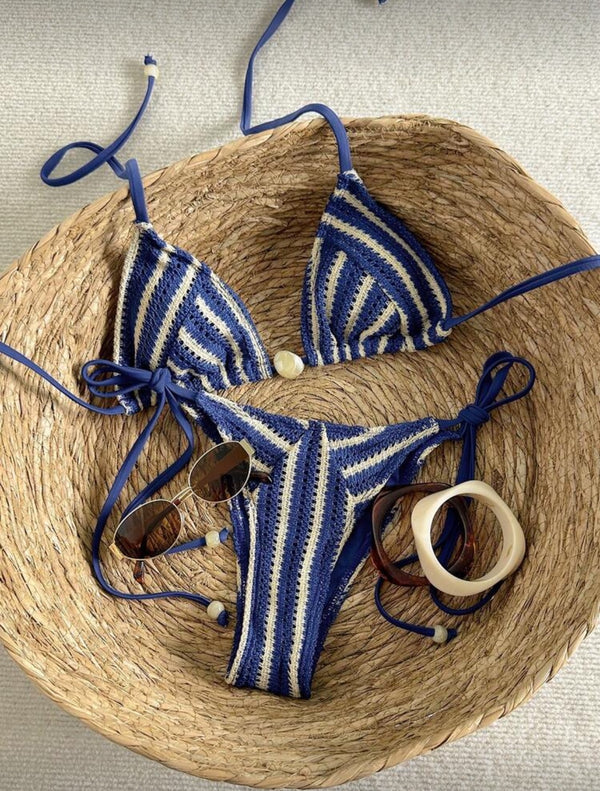 Mesh Striped Halter Bikini Swimwear